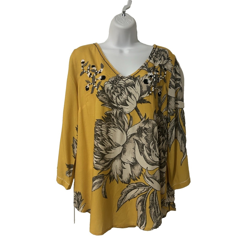 Soft Surroundings Butter Yellow Embroidered Beaded Tunic Top~M~3/4 Slv V Nk Boho